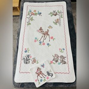 VTG Bambi & Friends Cross Stitched Crib or Toddler Quilt & Pillow Sham PRISTINE